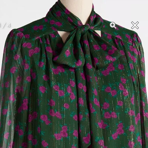 Modcloth Winter Blooming Roses Dress Tie Neck Shift Green Pink Floral S NWT - Picture 4 of 13